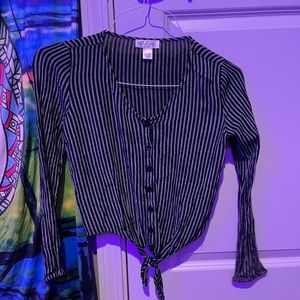 black and white striped button down, tie front long sleeve